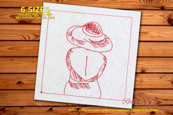 Girl with Hat Looking Away Redwork